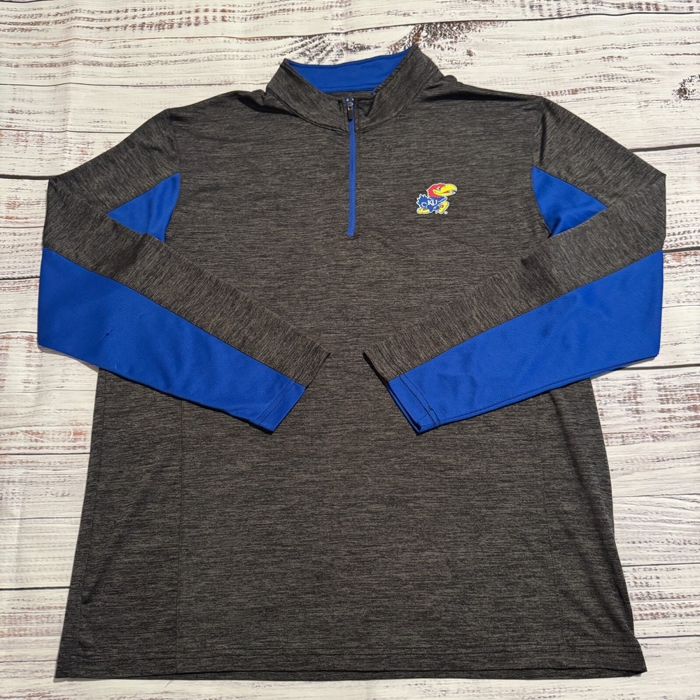 Kansas Jayhawks 1/4 Zip Jacket Pullover by Colosseum Gray and Blue Men's Size XL